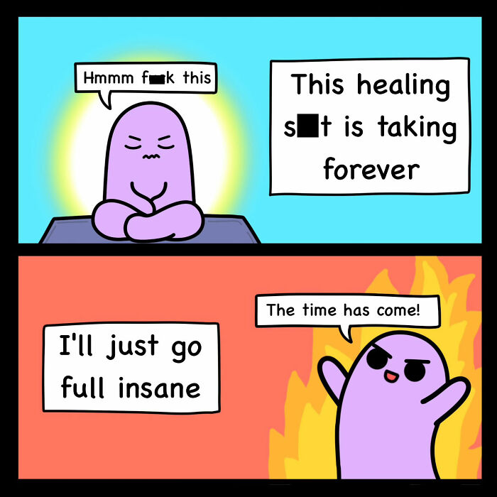 Purple character in a comic expressing frustration and deciding to embrace chaos, reflecting darkly funny relatable themes.