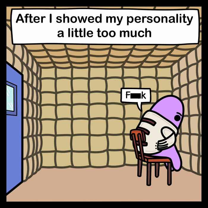 A purple cartoon character in a padded room, expressing regret humorously.