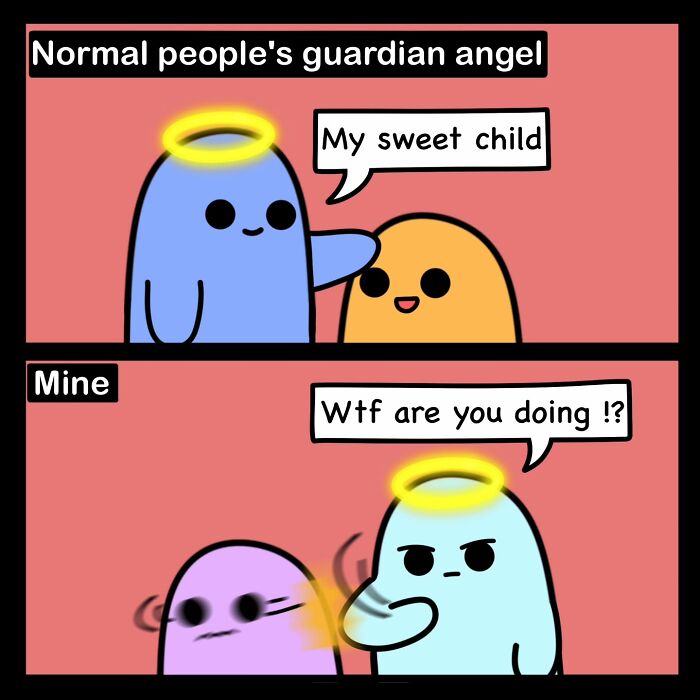Comic showing contrasting guardian angels, using dark humor in a relatable scenario.