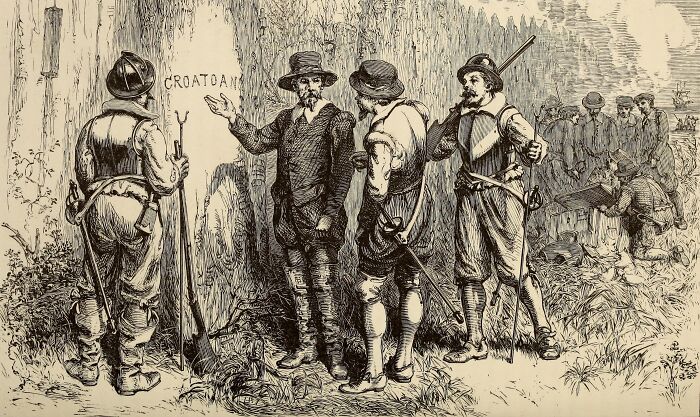 Drawing of colonists discovering the word "CROATOAN" carved into a tree, representing a weird unsolved mystery.