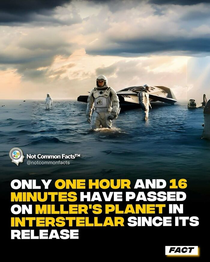 Astronauts on an ocean planet inspired by Interstellar, with a text fact about time passage on Miller's planet.