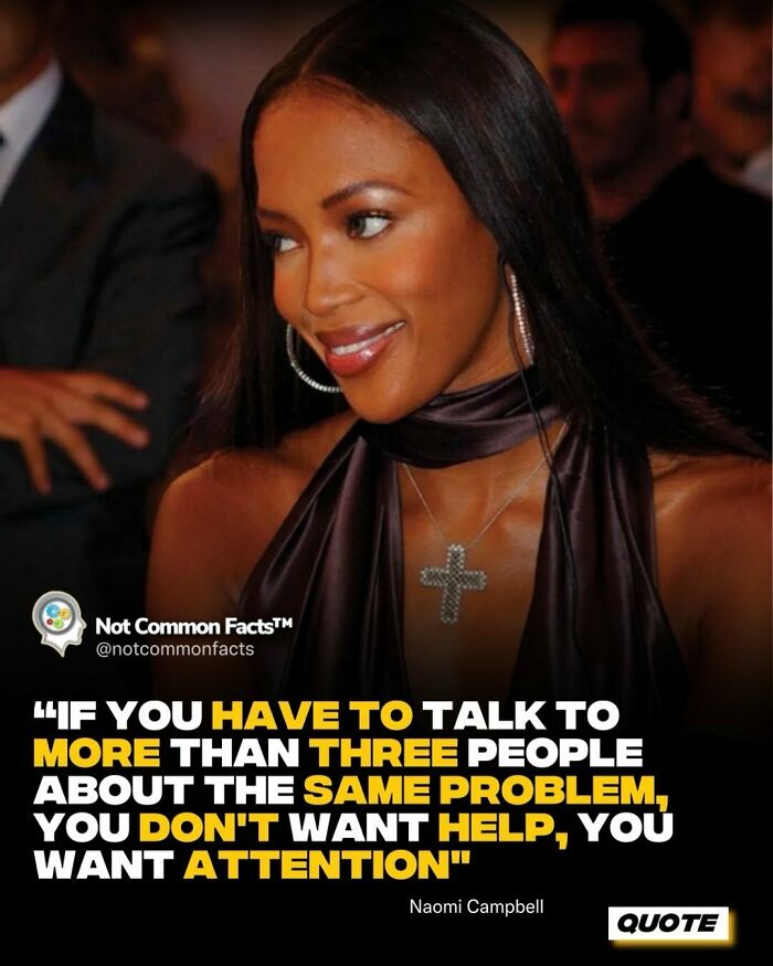 Woman smiling while wearing a cross necklace, with quote about attention and help by Naomi Campbell; curious world facts theme.
