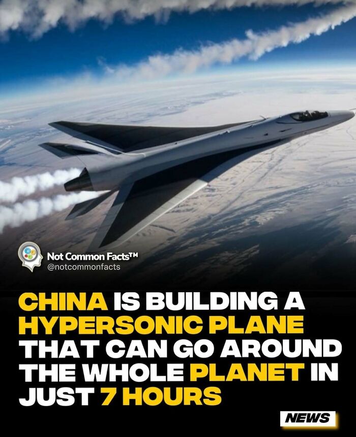 Hypersonic plane over Earth with a text overlay about its global travel capability; curious about the world.