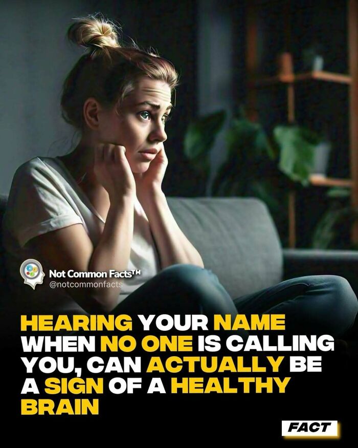 A woman sits on a couch looking contemplative, with text about hearing your name and brain health.