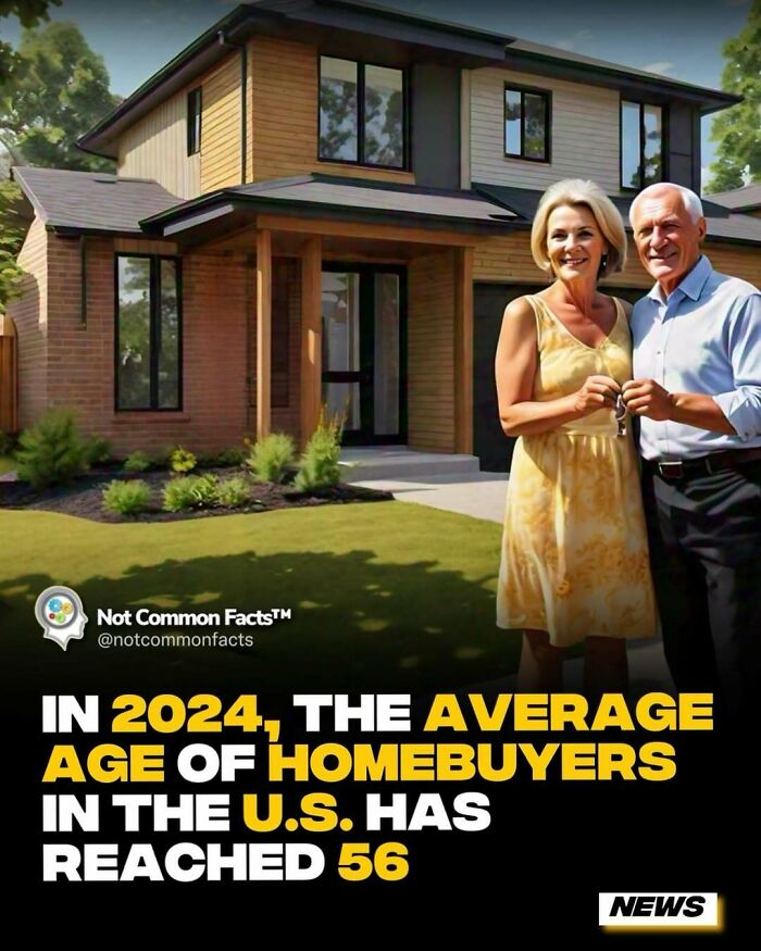 Elderly couple smiling in front of a house; average age of homebuyers in the U.S. is 56 in 2024.