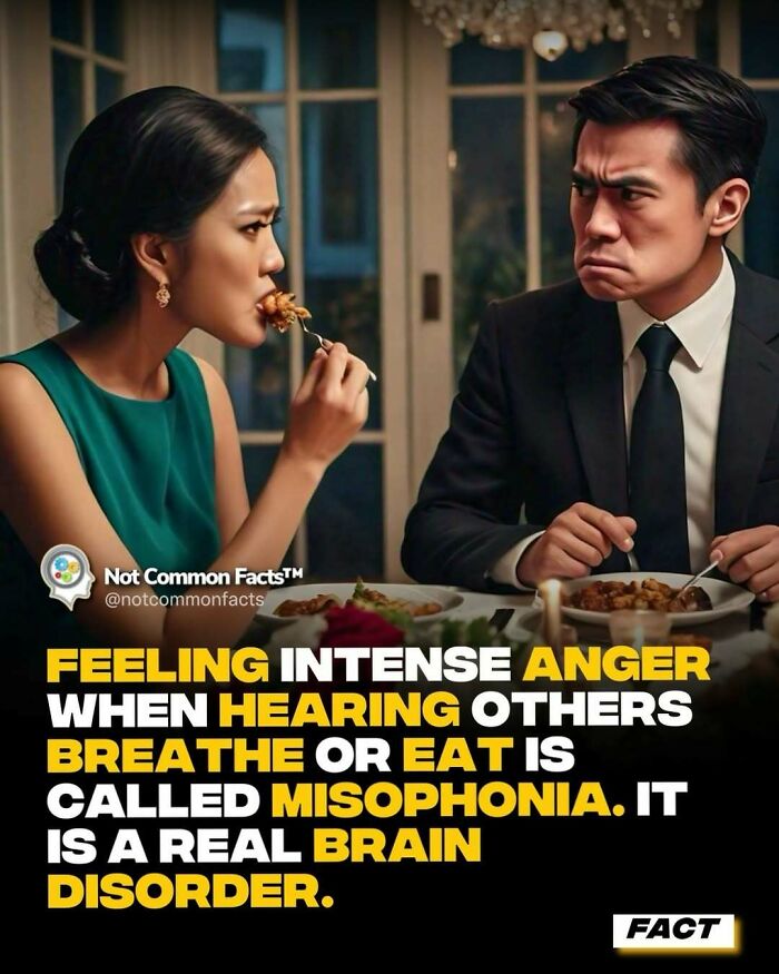 A couple at a dinner table, one person looking irritated. Misophonia fact text overlayed.