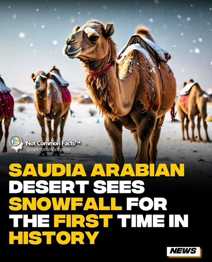 Camels covered in snow in the Saudi Arabian desert, highlighting unusual weather worldwide.