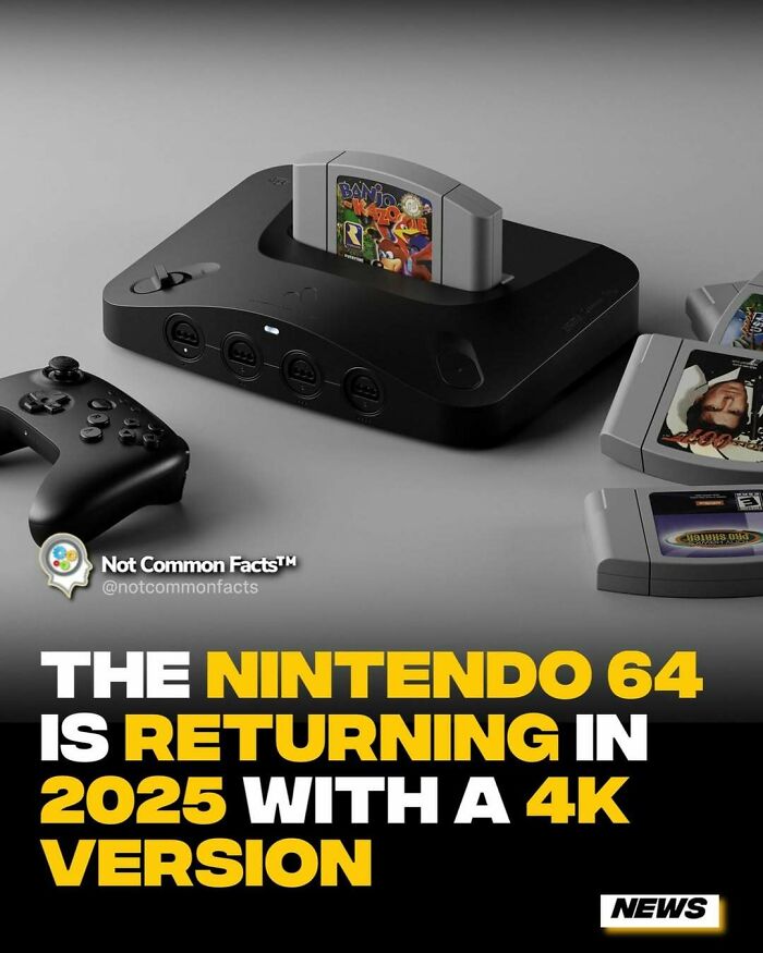 Nintendo 64 console with cartridges and controller, highlighting its return in 2025 with a 4K update.