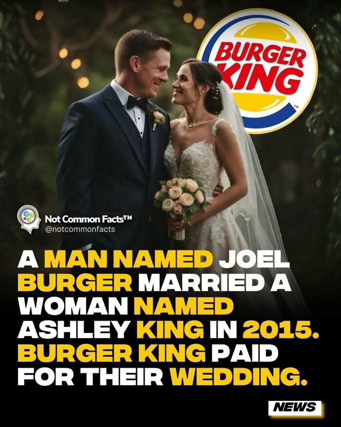 Couple at their wedding with Burger King logo, story about Burger and King's wedding paid by Burger King, interesting world fact.