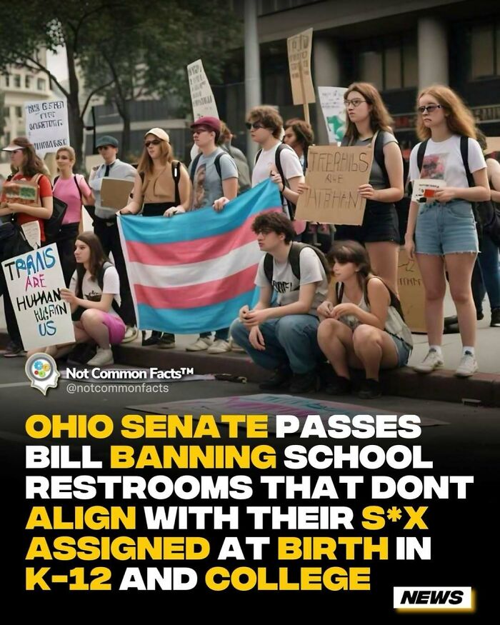 Protesters hold signs and a trans flag, highlighting facts about new Ohio Senate bill on school restrooms.