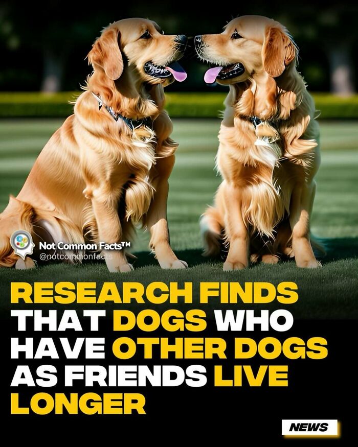 Two golden retriever dogs facing each other outdoors, illustrating a fact about dogs living longer with canine friends.