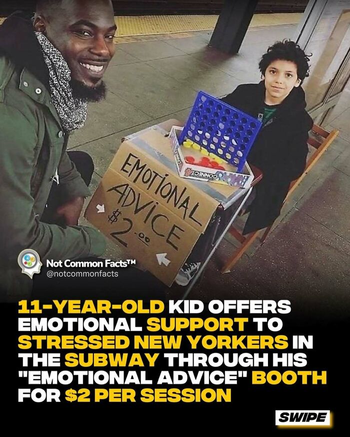 Child offers emotional advice in subway, sign reads "Emotional Advice $2", with a seated man smiling, illustrating global curiosity.