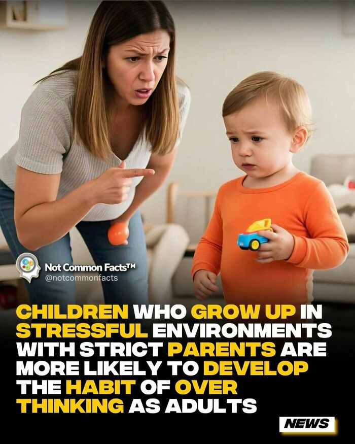 Woman pointing a finger at a child holding a toy car, highlighting parenting effects on developing overthinking.