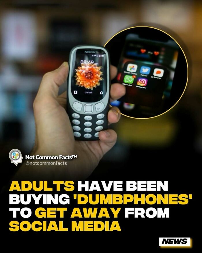 Hand holding a 'dumbphone' with apps blurred in the background; highlighting curious facts about the world and social media.
