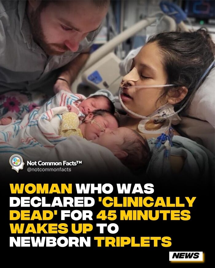 Hospital scene with a woman holding three newborn triplets, highlighting a remarkable world fact.