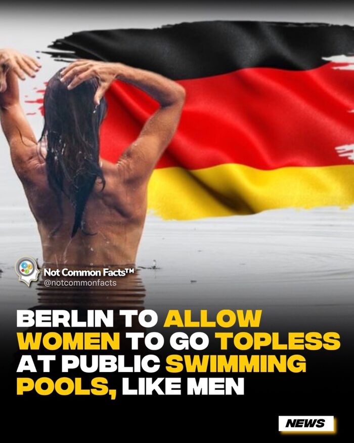 Person in water with German flag, text about Berlin allowing topless swimming in public pools.