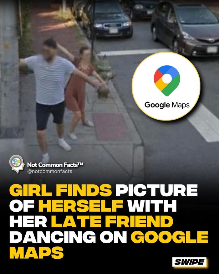 Two people dancing on a sidewalk captured on Google Maps, with overlay text about a girl finding a picture of her late friend.