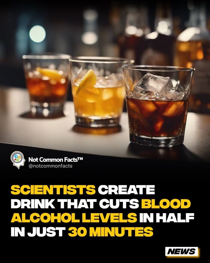Glasses of drinks with ice and lemon at a bar, alongside text about a new discovery that reduces blood alcohol.