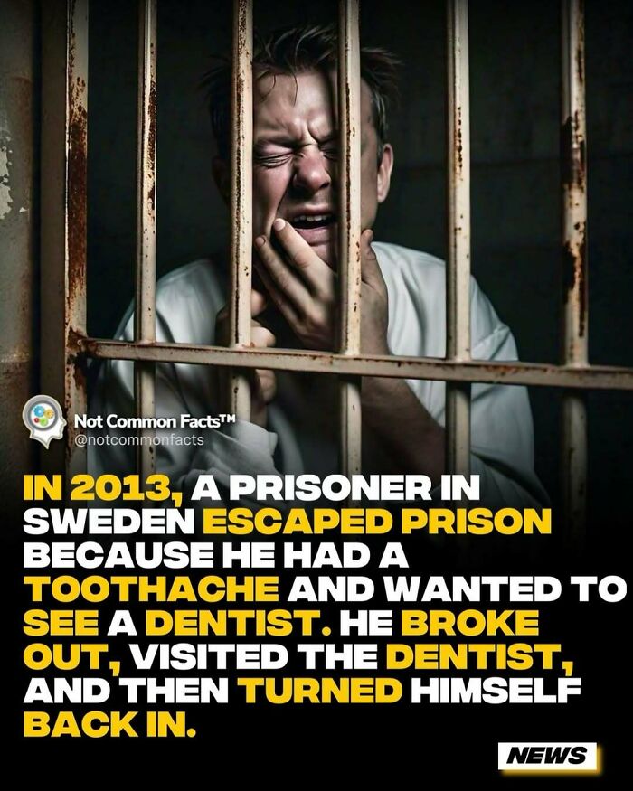 Prisoner with toothache behind bars; unique escape story.