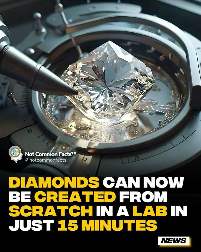 Lab-created diamond under a microscope, highlighting innovation for curious minds. Text reads: "Diamonds can be created in just 15 minutes."