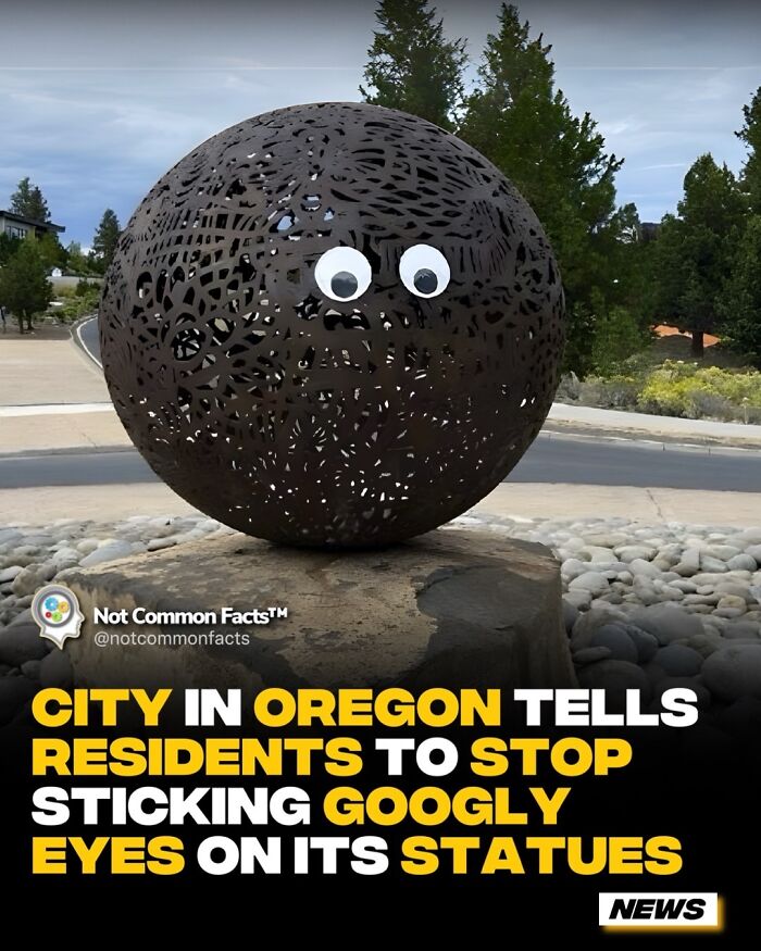 Metal sculpture with googly eyes in Oregon, part of city request to residents, representing curiosity about the world.