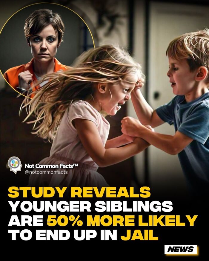 Children play-fighting with serious woman in background; fact about younger siblings and jail.