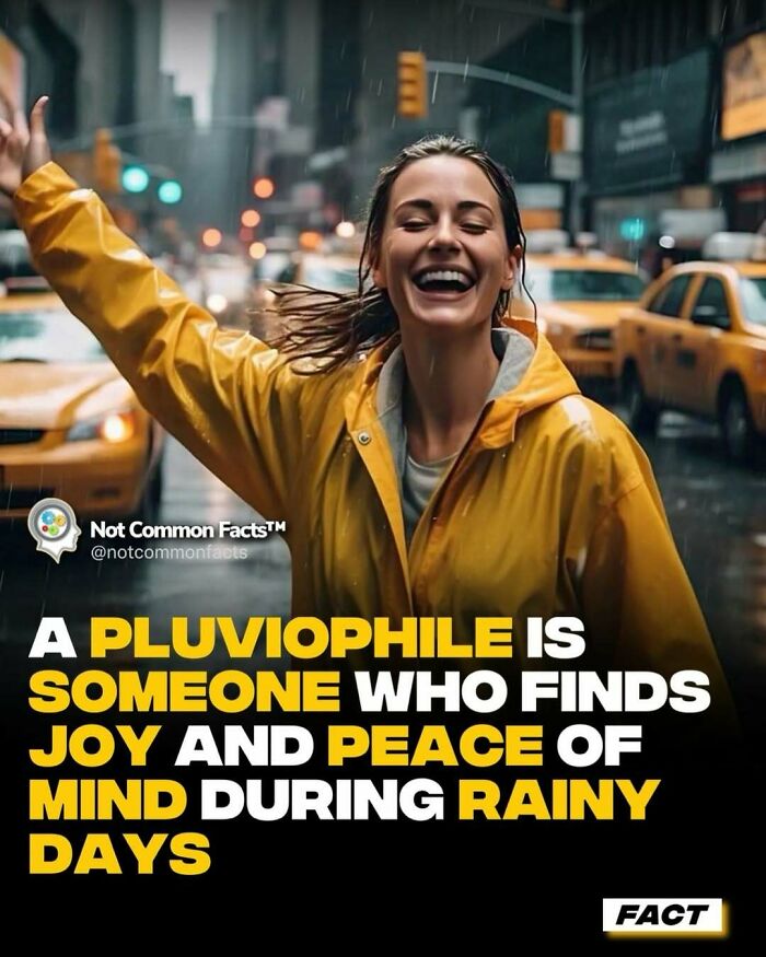 Smiling woman in a yellow raincoat enjoying a rainy day in the city, highlighting curiosity about the world.