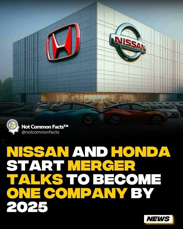 Nissan and Honda logos on building with text about a merger to become one company by 2025, related to curious facts about the world.