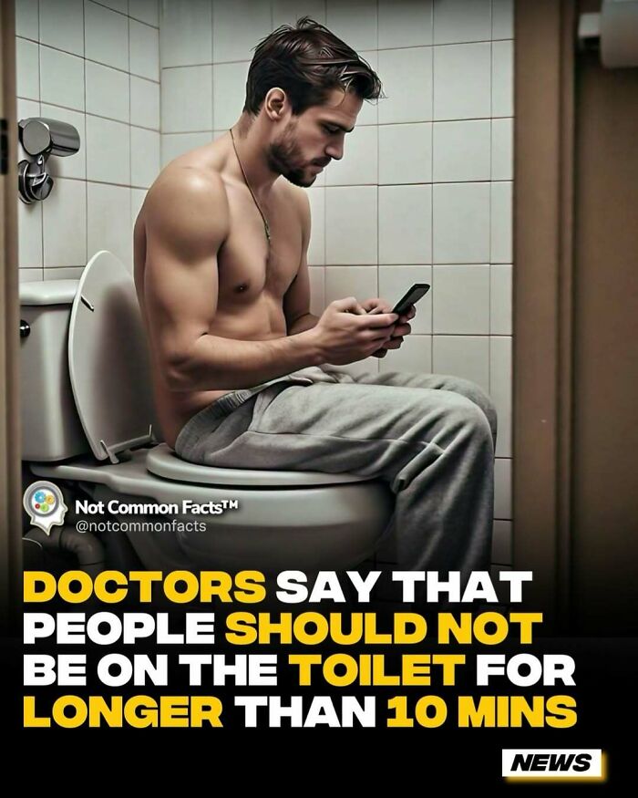 Man sitting on a toilet, using a phone, highlighting a health fact warning about toilet time limit for curious world facts.