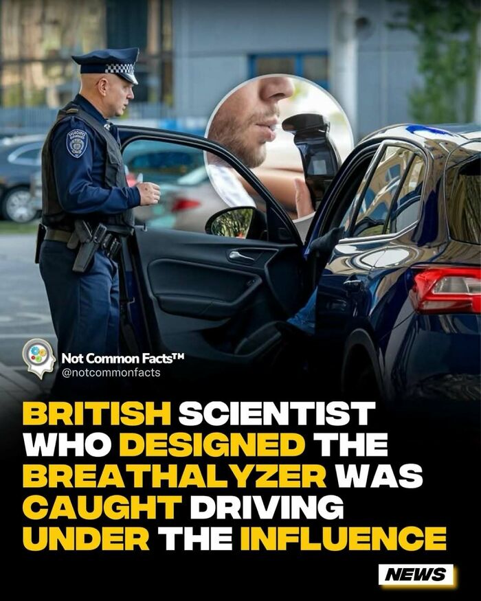 Police officer with breathalyzer next to a car referencing curious world facts.