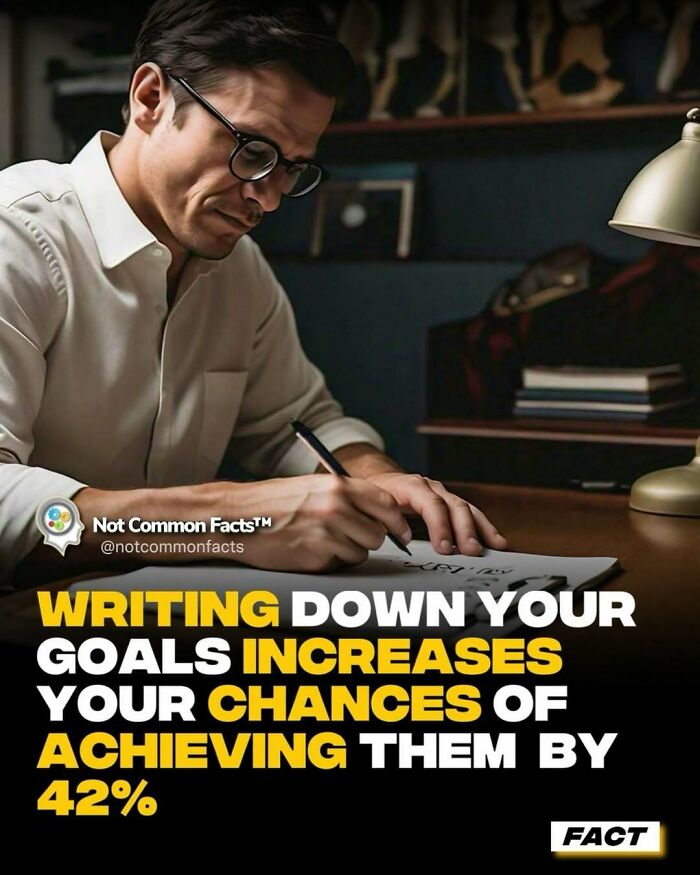 Man writing goals, with text emphasizing increased success by 42%, conveying curiosity about the world.