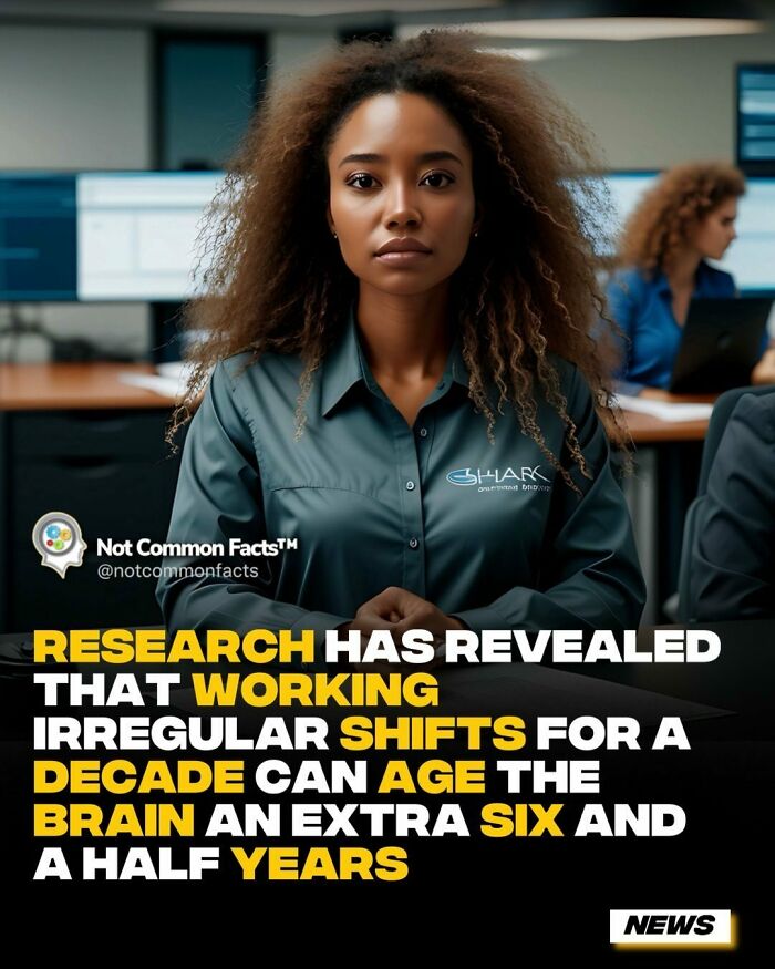 Woman in an office setting with text about working shifts affecting brain aging, related to world facts.