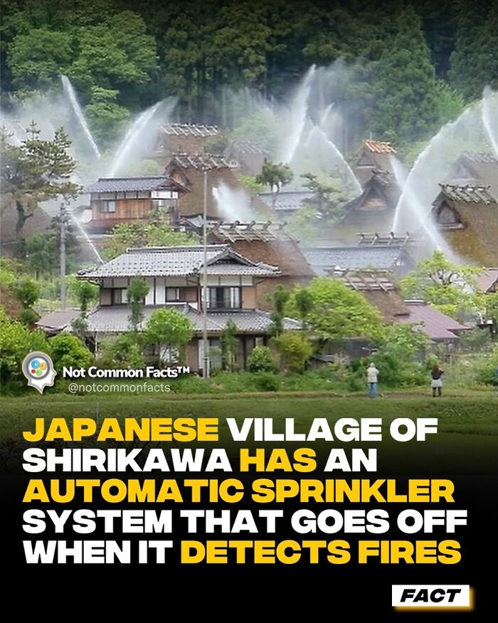 Japanese village with sprinklers activated for fire detection, showcasing unique safety feature.