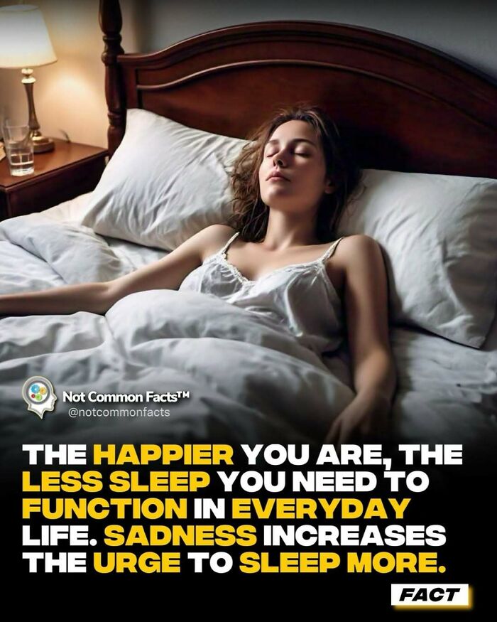 Woman sleeping peacefully in a bed with a fact about happiness, sleep, and everyday life.