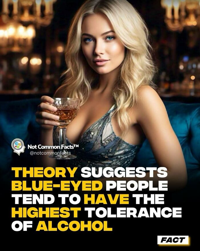 Woman with blue eyes holding a drink, highlighting a theory about alcohol tolerance, in an elegant setting.