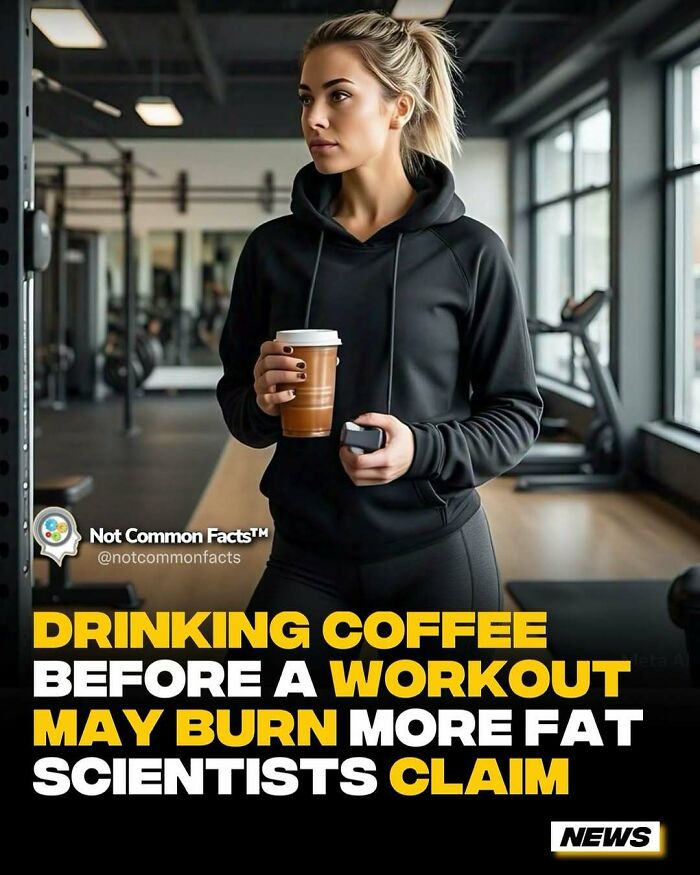 Person in gym holding coffee, suggesting drinking coffee before workout may burn more fat. Curious world facts context.