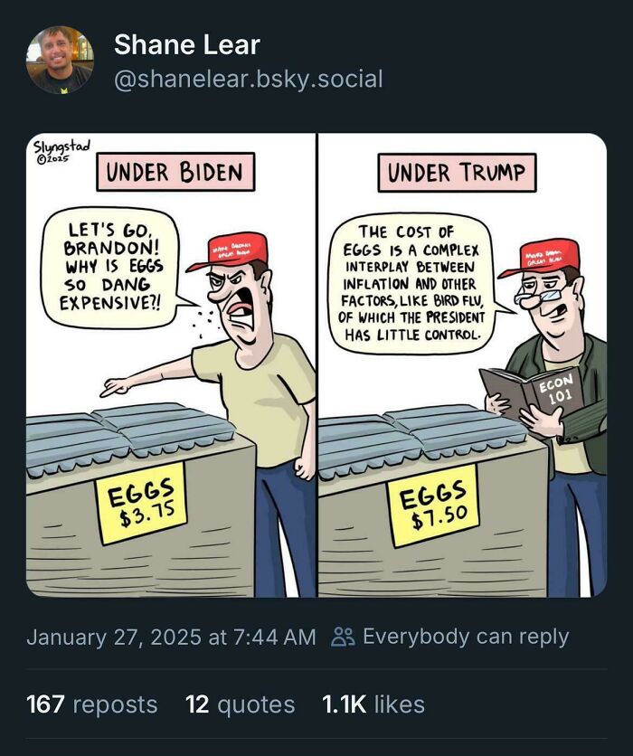 Political cartoon comparing egg prices under Biden and Trump, highlighting economic perspectives in a social media tweet.