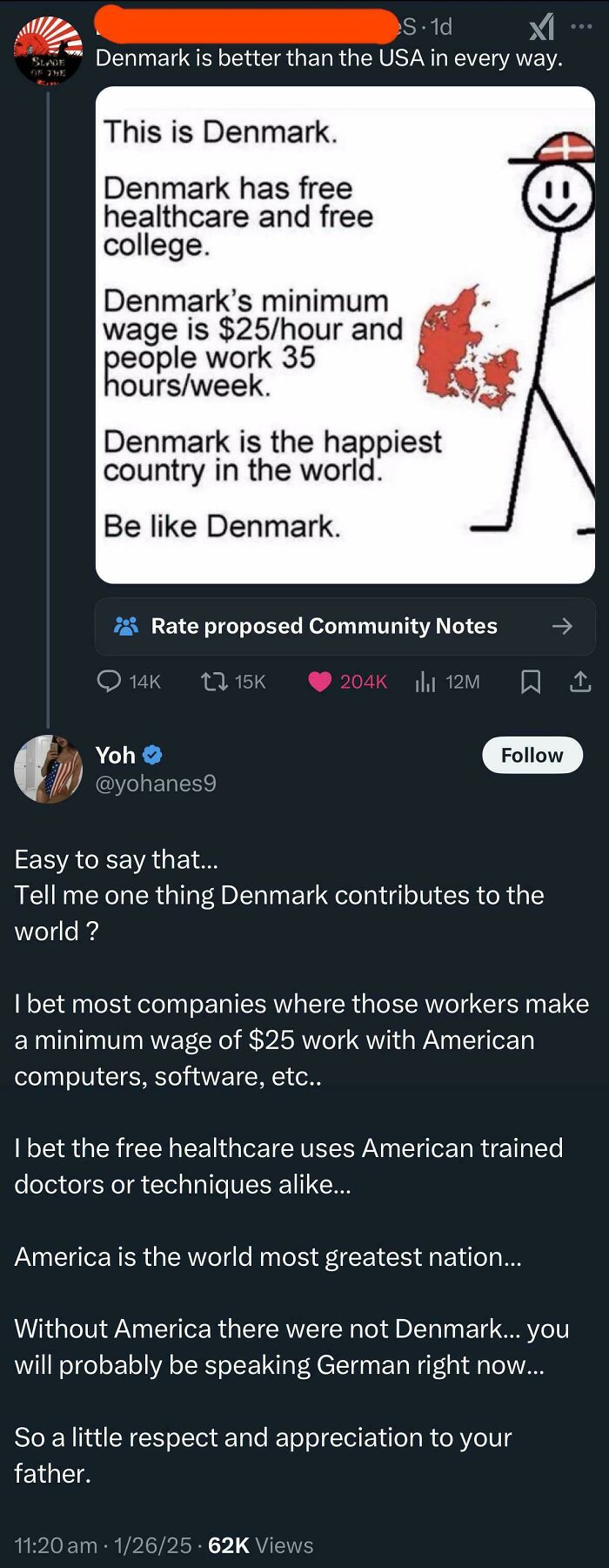 Tweet comparing Denmark's social benefits to the USA with humorous comments, highlighting dumbest things Americans posted.