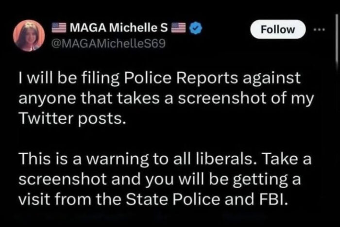 Screenshot of a social media post warning police reports for screenshotting, illustrating America facepalm moments.