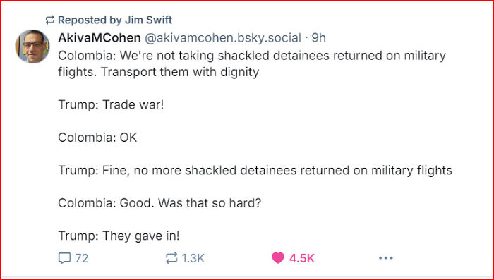 Screenshot of a courageous tweet thread about Colombia refusing shackled detainees on military flights.