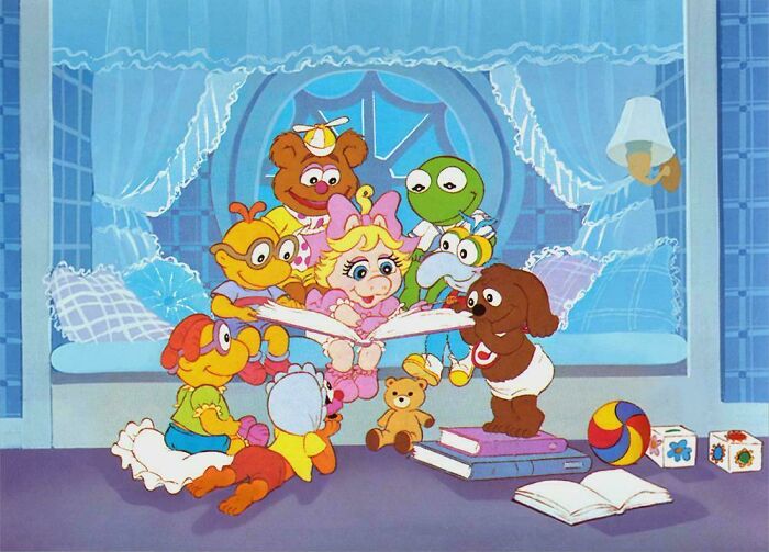 Cartoon characters gathered in a nursery reading a book, celebrating '90s nostalgia with toys and colorful decor.