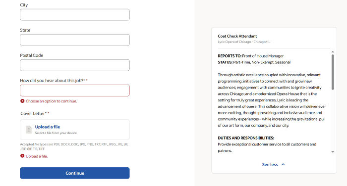 Job application form for coat check attendant position showing recruitment details.