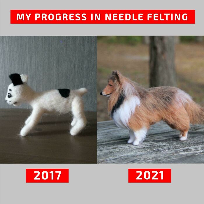 Needle felting progress from 2017 to 2021, showing improved DIY craft skills with animal figures.