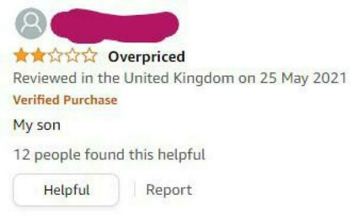 Funny review screenshot showing a three-star rating and "Overpriced" comment stating "My son."