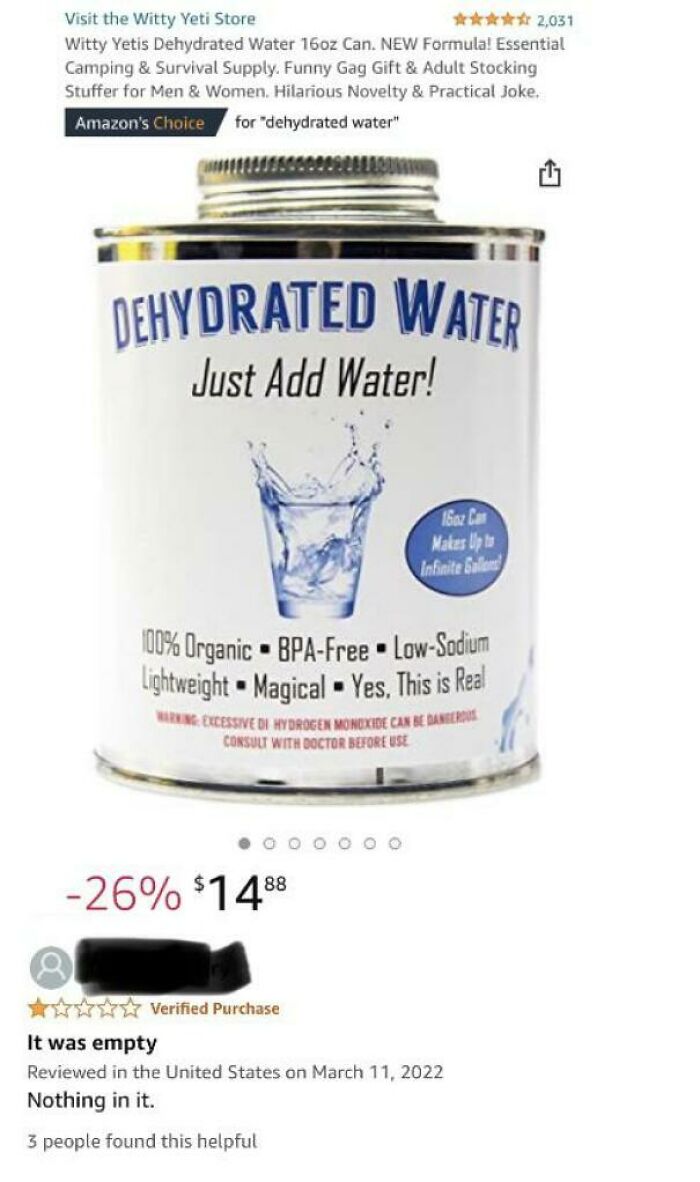 Humorous review of dehydrated water can, highlighting its empty contents and funny concept.