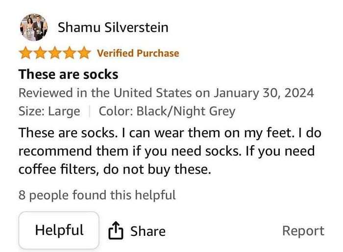 Funny review of socks stating they are suitable for wearing but not as coffee filters.