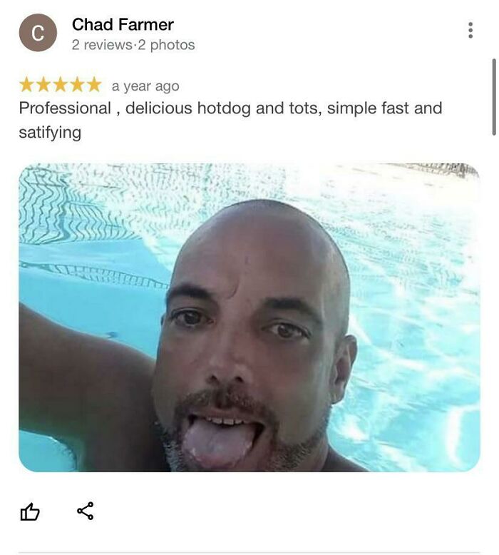 A man in a pool with a humorous expression, paired with a funny review text about hotdogs and tots.
