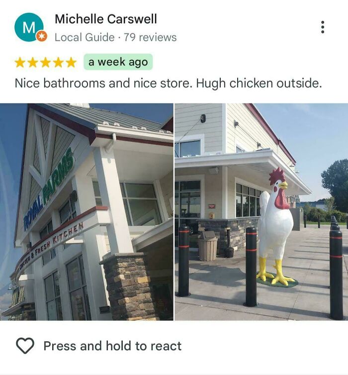 Funny review featuring a store with a large chicken statue outside.