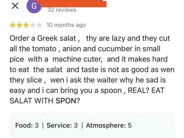 Funny review about Greek salad with humorous misspellings, highlighting customer’s surprise at service and use of a spoon.