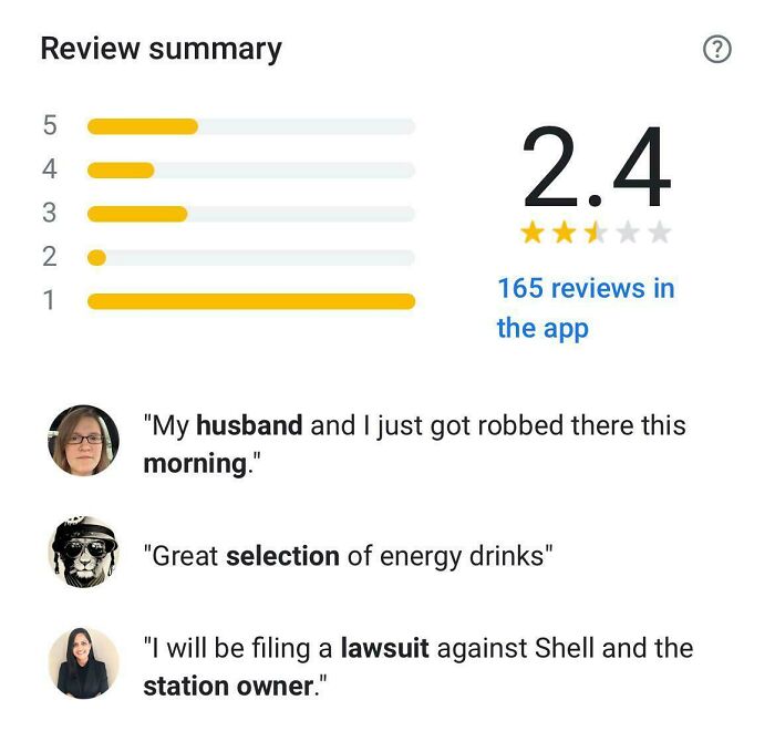 Funny reviews summary showing a 2.4-star rating, mixed comments about a gas station, including robbery and lawsuits.